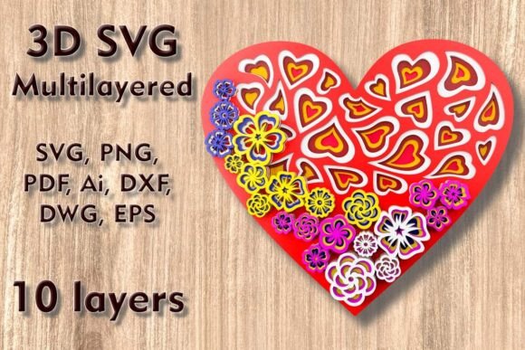 Flower Heart 3D SVG Multilayered Files
